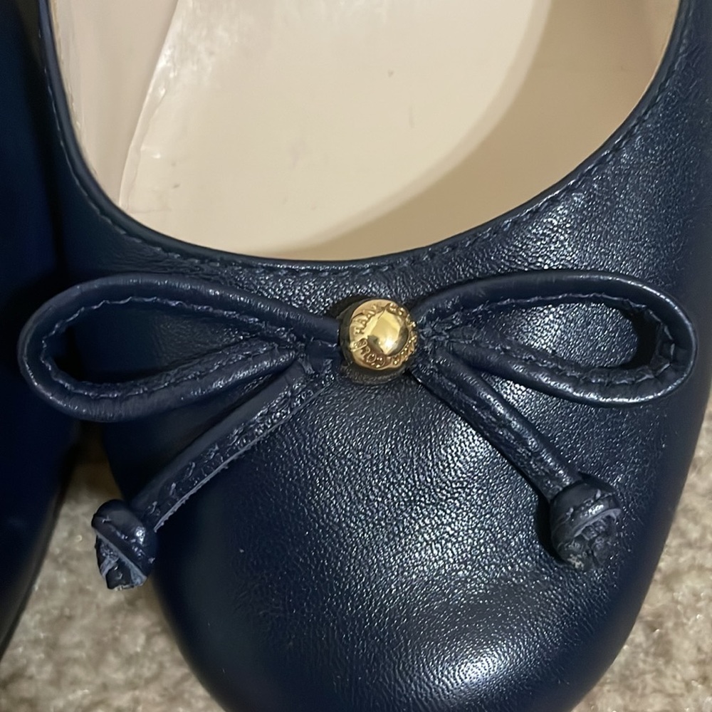 Cole Haan Navy Blue / Brown Wedge Slip On Heels Bow Front Shoes Size 6 - Picture 2 of 9